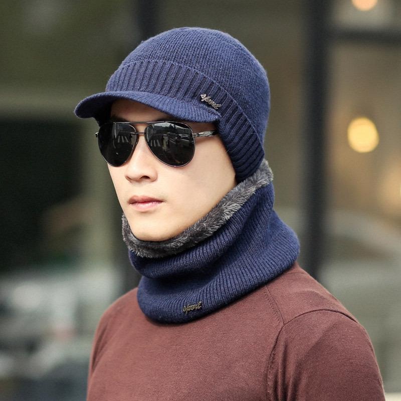 Men Winter Warm Hats Scarf Set Knit Hat Cap Neck Warmer with Fleece Lined