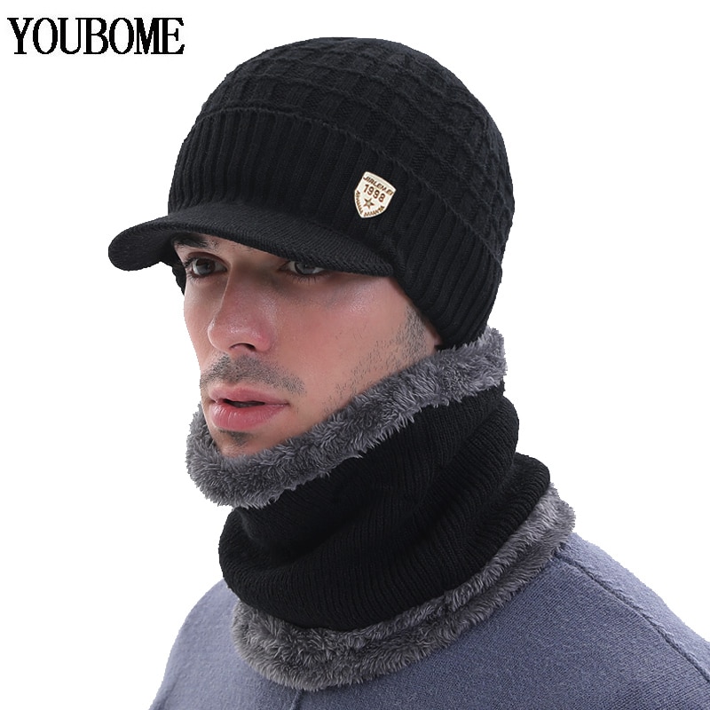 Men Winter Warm Hats Scarf Set Knit Hat Cap Neck Warmer with Fleece Lined