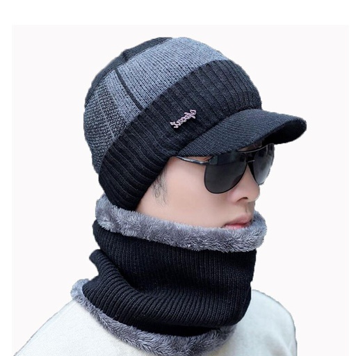 [A-866] Men Winter Warm Hats Scarf Set Knit Hat Cap Neck Warmer with Fleece Lined